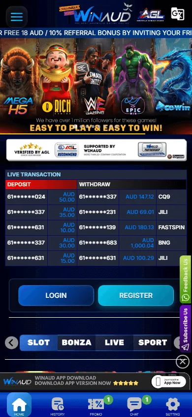 Winaud Casino home experience on a mobile browser