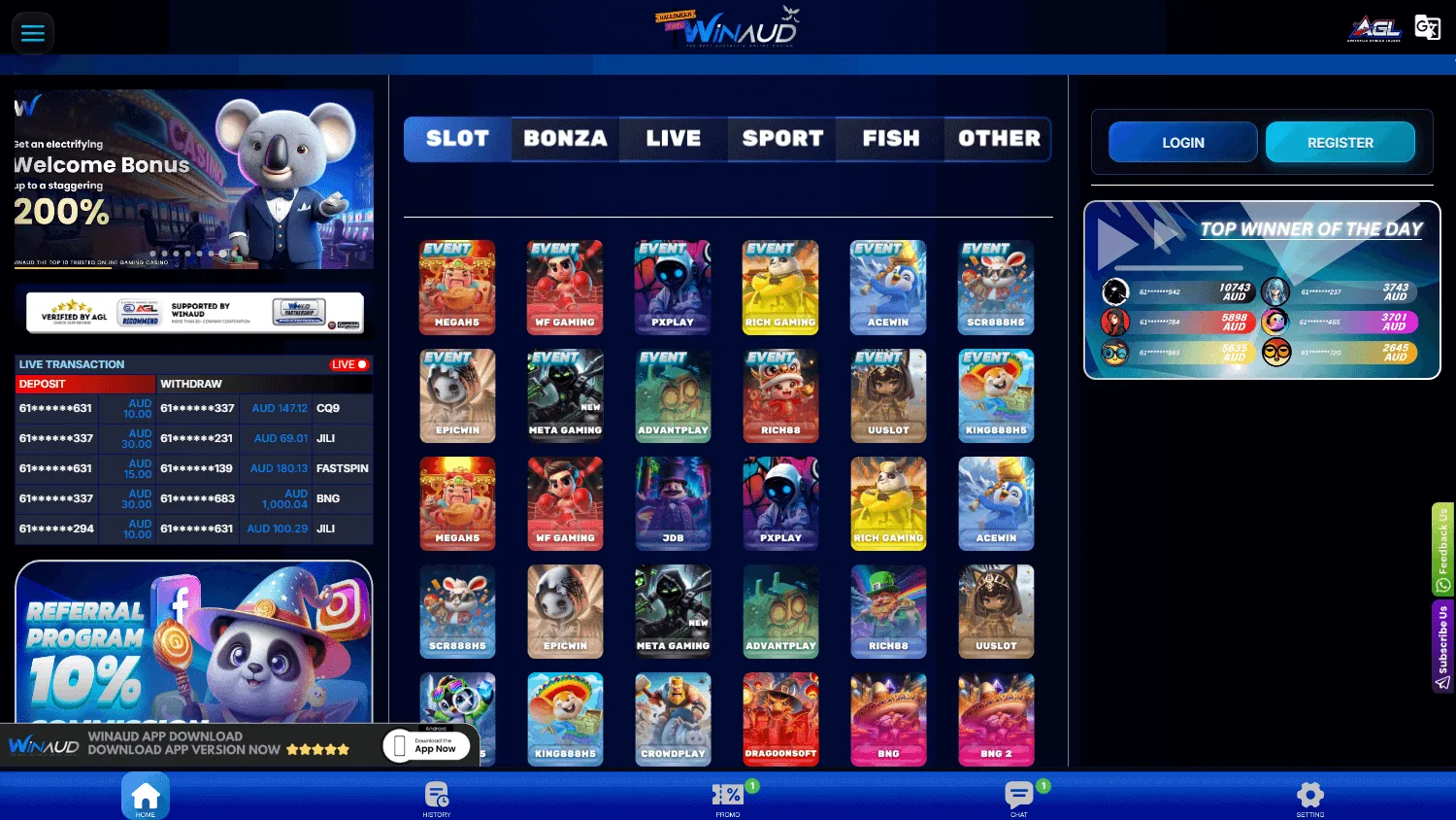 Winaud Casino home experience on desktop