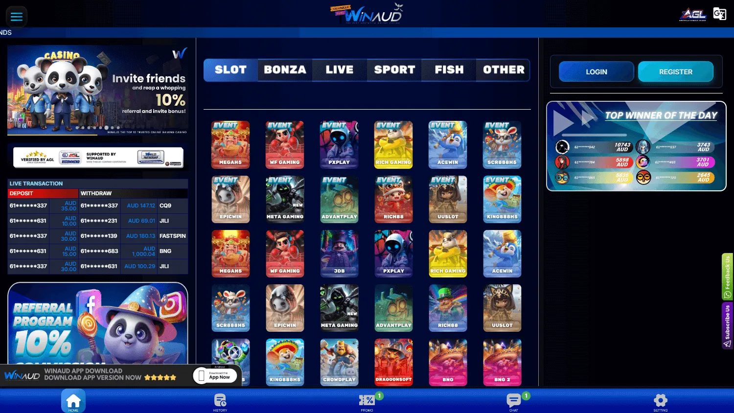 Winaud Casino games experience on desktop